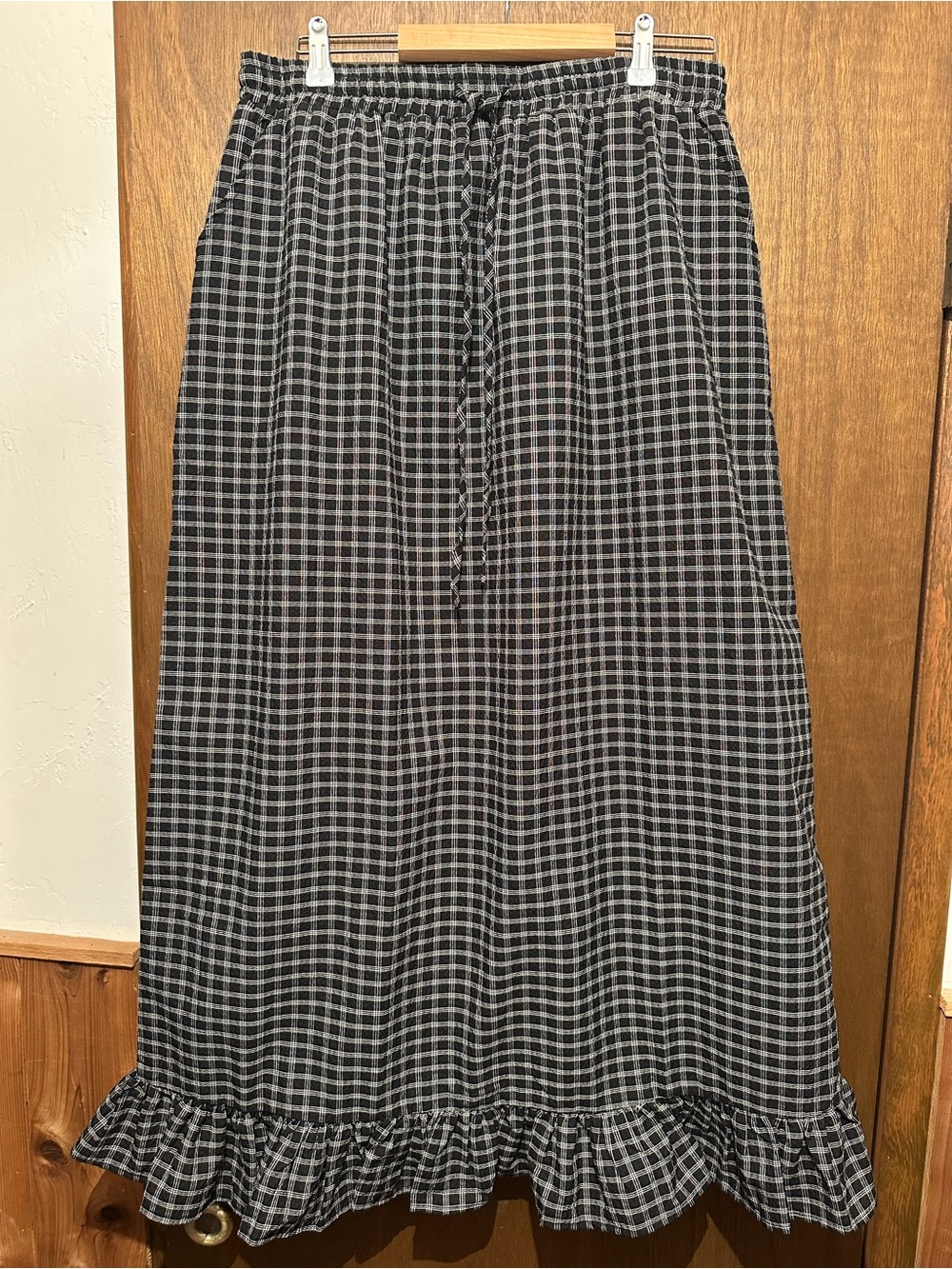 Black and Gray Gingham Maxi Skirt with Ruffle Hem